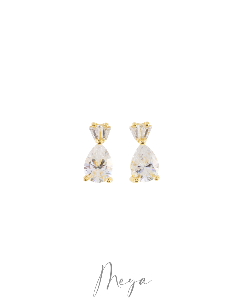 莫桑石4*6mm 水滴雙鑽耳針 / 金色
