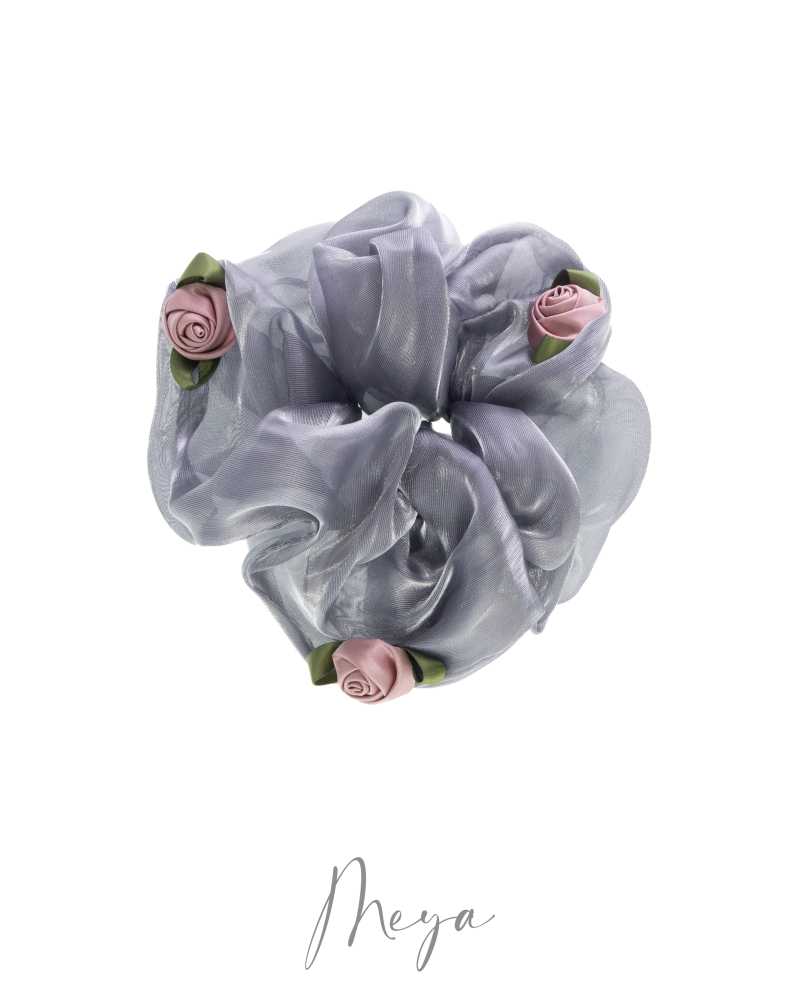 透紗三朵小玫瑰花大腸髮圈/銀灰色