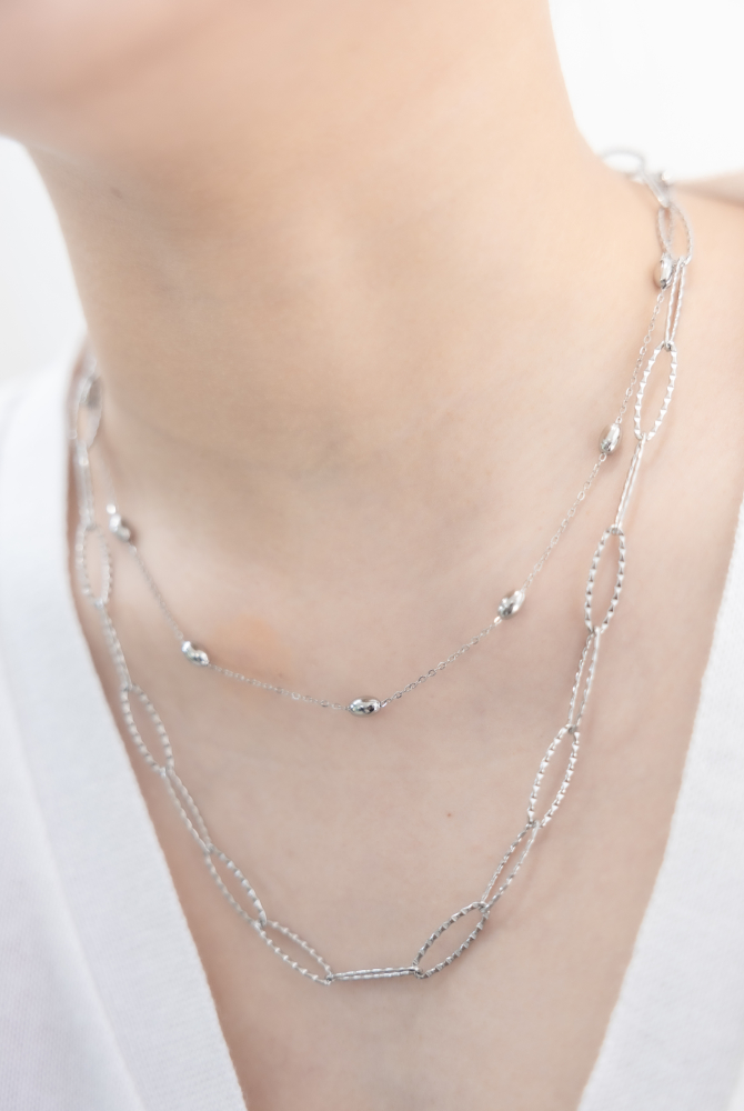 목걸이 小豆橢圓雙層項鍊 / 銀色